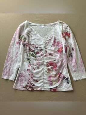 Vintage 90s Daniel Benjamin floral ruched mesh blouse